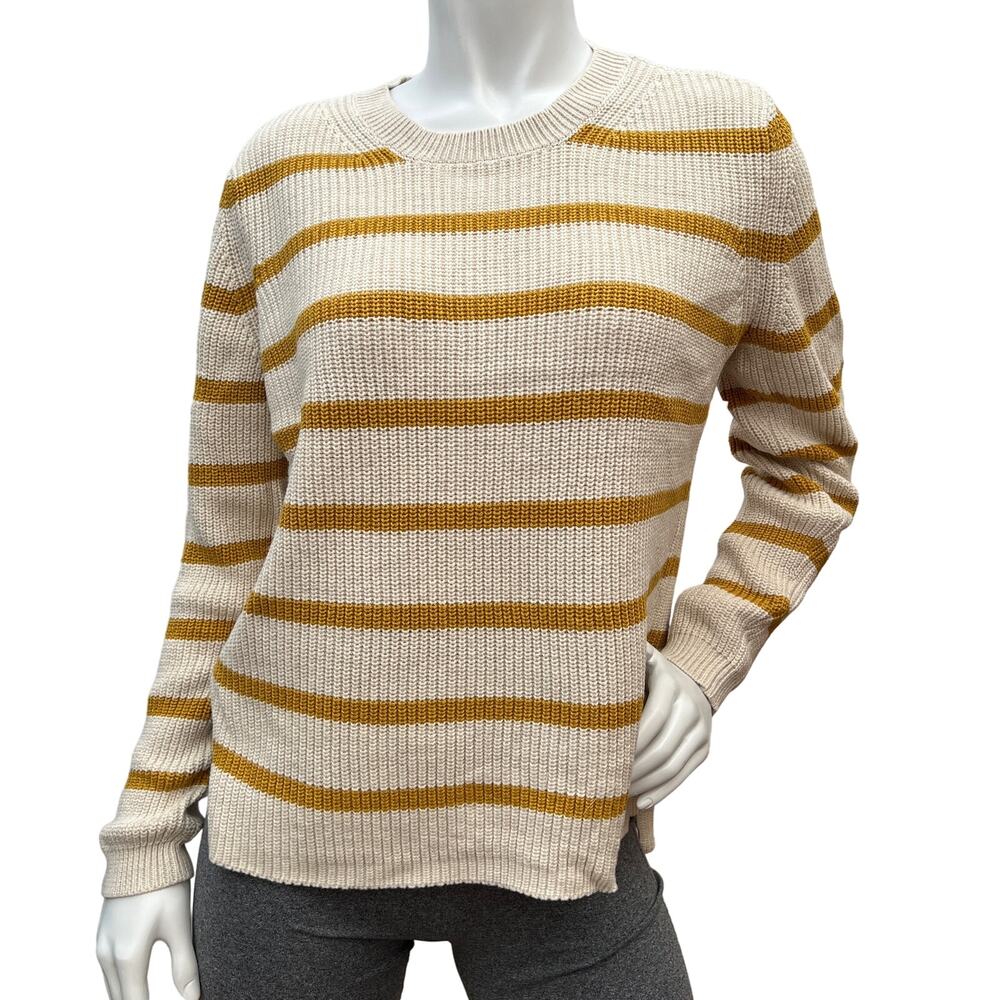 Goodthreads Women's Cotton Shaker Stitch Crewneck Striped Sweater Oatmeal/Gold M